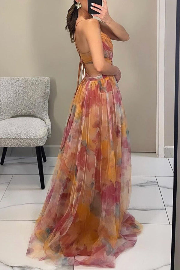 Ladies' summer princess chiffon printed hollow sexy waist and back lace up long dress