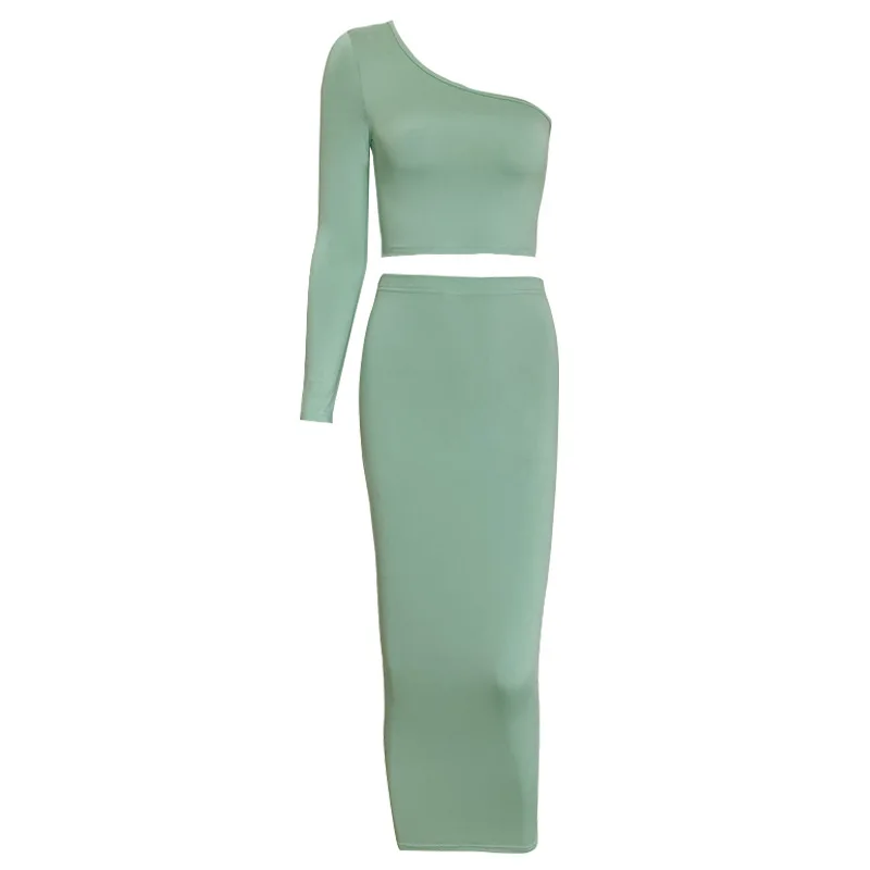 Party 2PC Dresses One Shoulder Skinny Black Two Piece Skirt Set One-sleeve Basic Top Sheath Dress Matching Outfits For Women