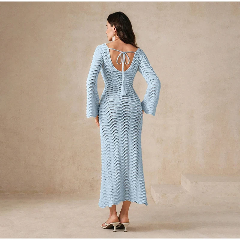 Beach Knit Hollow Out Maxi Dress Women Solid Flare Sleeve Lace-Up See-Through Holiday Dresses Female 2025 Summer Lady Slim Robes