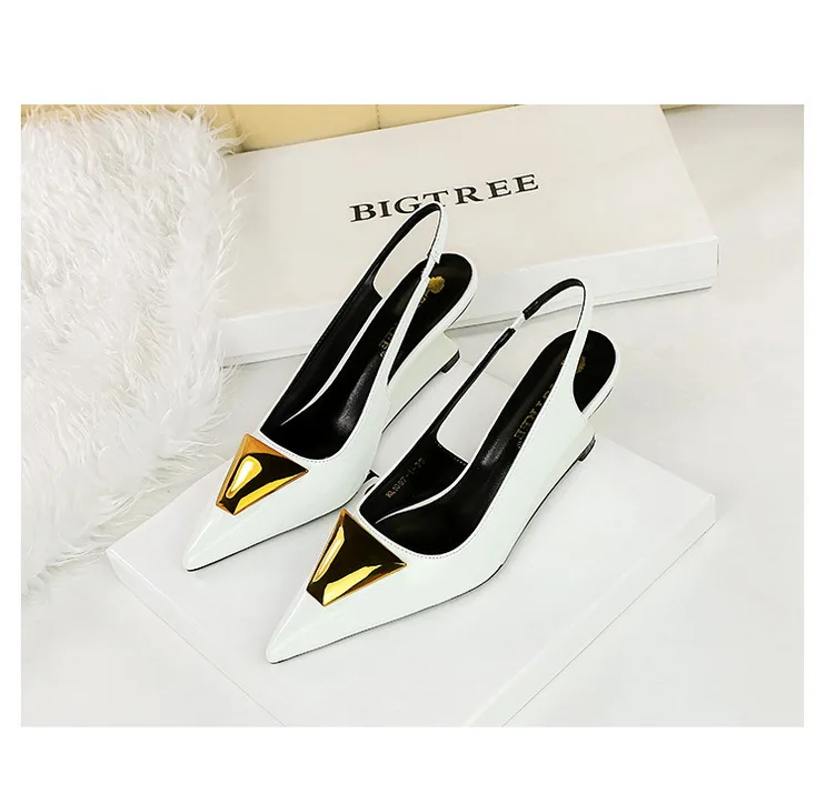 Patent Leather High Heels Wedges Shoes Lady Trendy Pumps Pointed Toe Hollow Back Strap 6.5 Cm Women Sandals White Heels Shoes