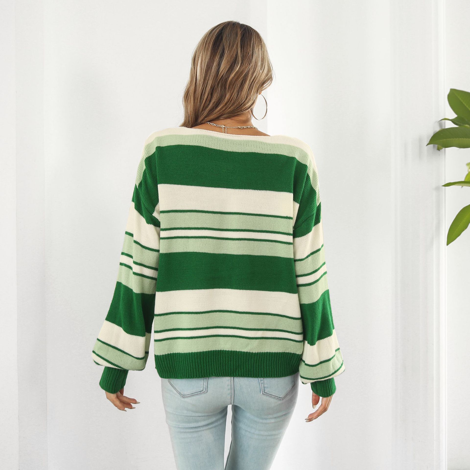 Striped Gradient Color V neck Long Sleeved Women Loose Autumn Winter Knitwear Sweater