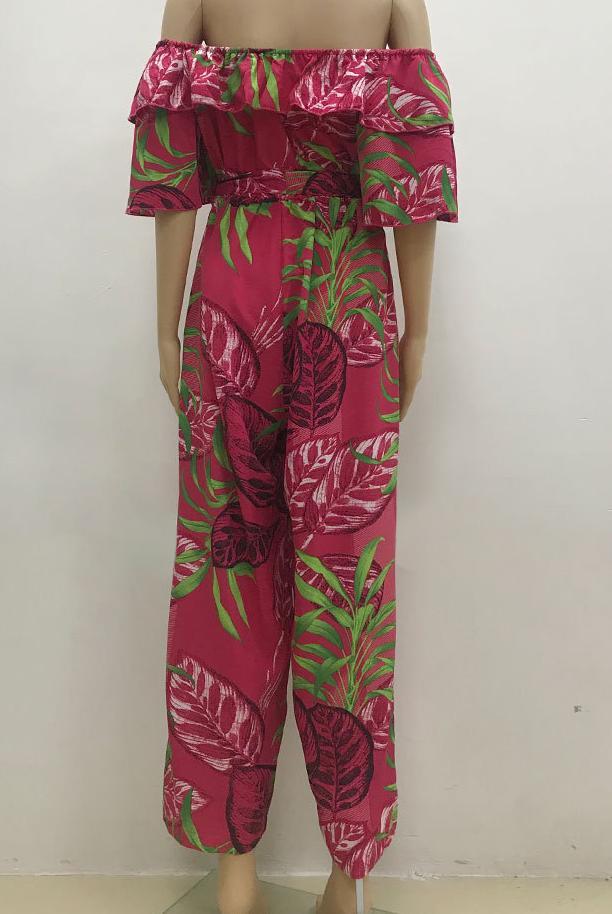 Women Clothing Fashion off-Shoulder Floral Jumpsuit Summer Short Sleeve Chiffon Vacation Beach Jumpsuit