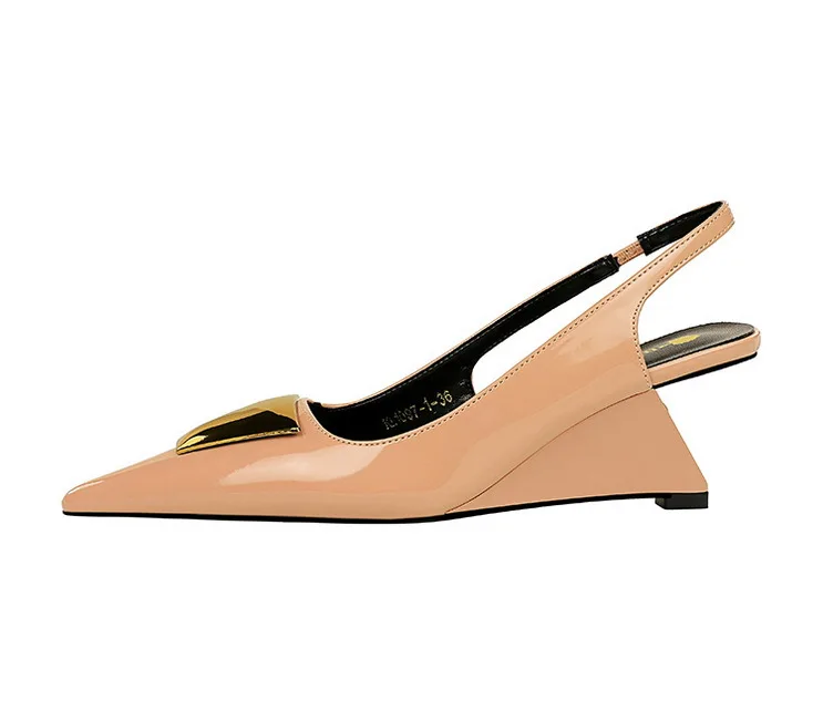Patent Leather High Heels Wedges Shoes Lady Trendy Pumps Pointed Toe Hollow Back Strap 6.5 Cm Women Sandals White Heels Shoes