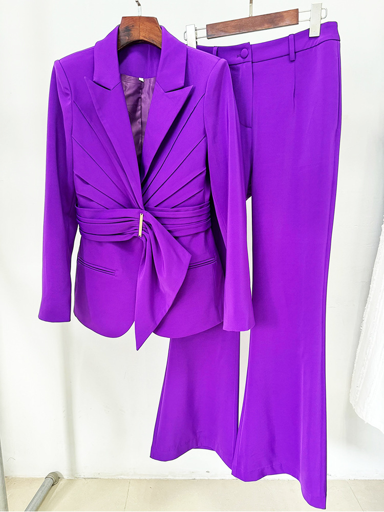 Women Asymmetric Belt Slim Fit Blazer Trousers Set