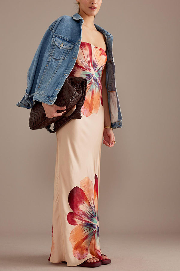 Charming ladies strapless waist cinching satin printed lace up loose long dress