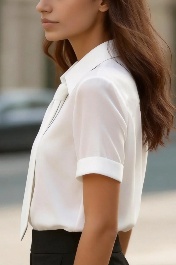 Solid Color Collared Tie Short-sleeved Casual Shirt