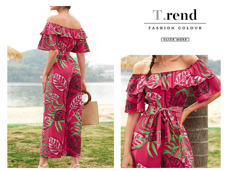 Women Clothing Fashion off-Shoulder Floral Jumpsuit Summer Short Sleeve Chiffon Vacation Beach Jumpsuit