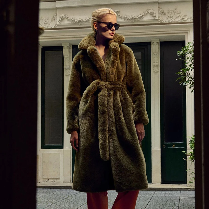 Luxury Winter Long Overcoats Women Oversized Lapel Belted Faux Rabbit Fur Coat Jacket Female Plus Size Outerwear Plush Fur Coats
