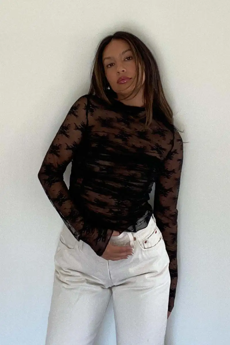 See-Through Lace Mesh T-shirt For Women Long Sleeve Printed Fashion Sexy Summer Contrast Pullover Female Slim Tee Top