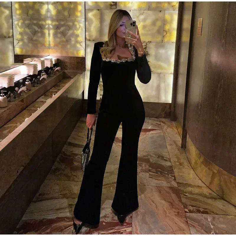 Black Beaded Velvet Jumpsuits For Women One Piece Long Sleeve Square Collar Full Length Jumpsuit Christmas Evening Party Gown