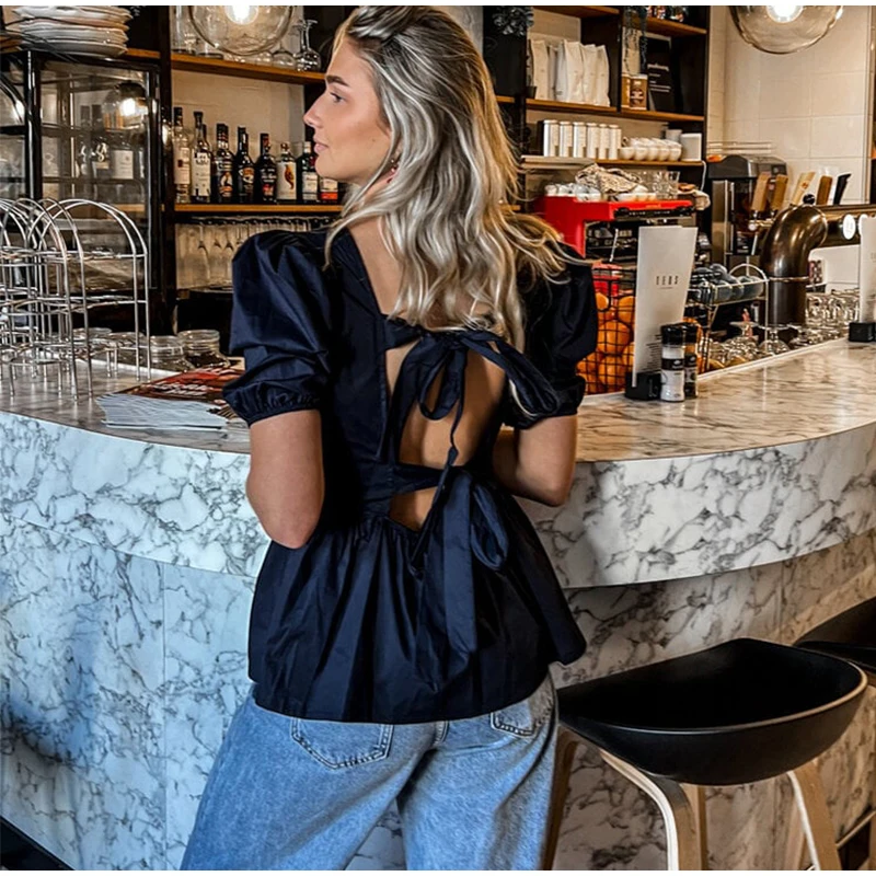 Vintage Lace Up Puffy Sleeve Shirts Women Elegant Solid Backless Square Collar Shirt Female Summer Sweet Fashion Street Tops