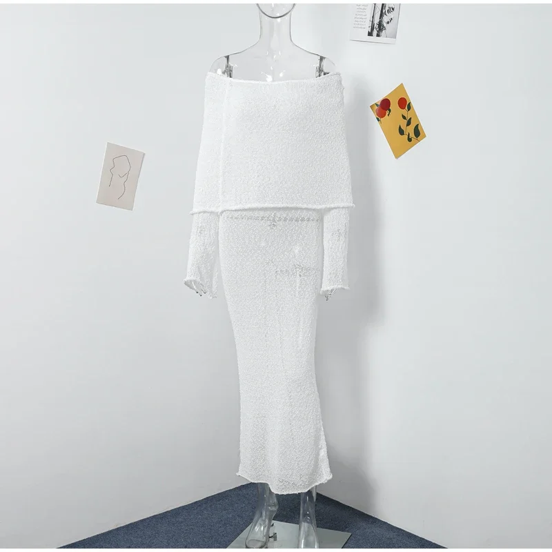 Beach Knitted Off The Shoulder Long Dress Women Slim Flare Sleeve Hollow Out Maxi Dresses 2025 Summer Lady Hip Package Robes