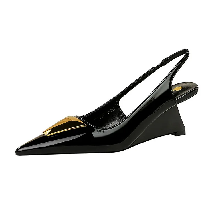 Patent Leather High Heels Wedges Shoes Lady Trendy Pumps Pointed Toe Hollow Back Strap 6.5 Cm Women Sandals White Heels Shoes
