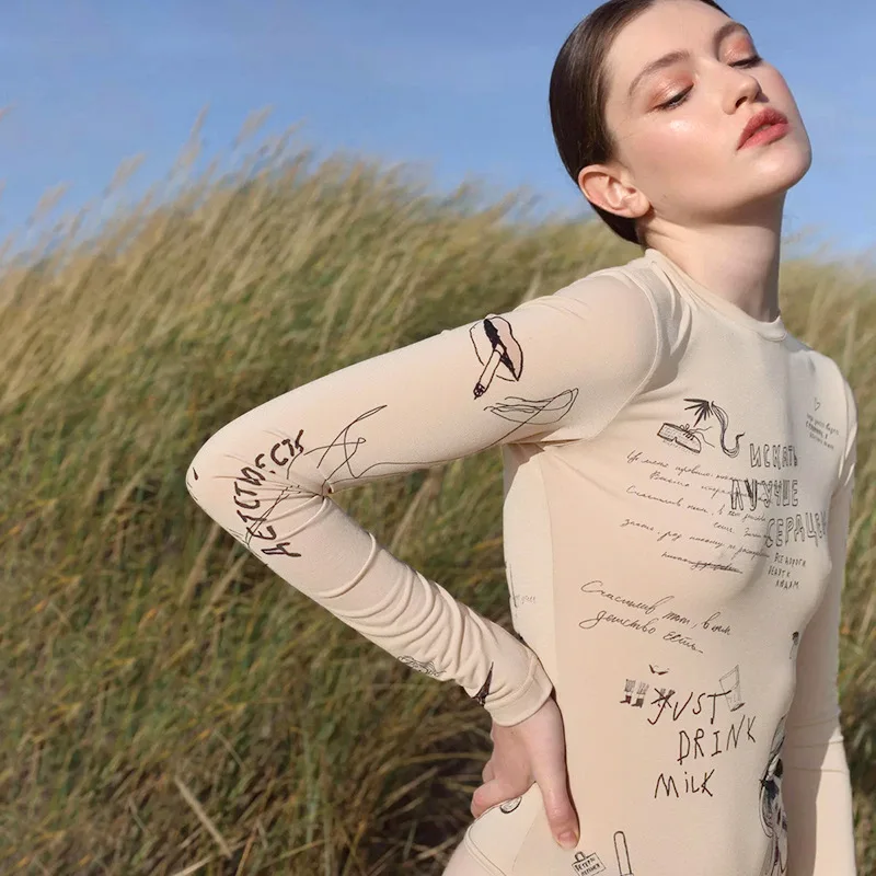Bodycon Sexy Bodysuit Lingerie Letters Printing Crop Tops Women Y2k Clothes Long Sleeve One-pieces Body Feminino Skinny Bustier