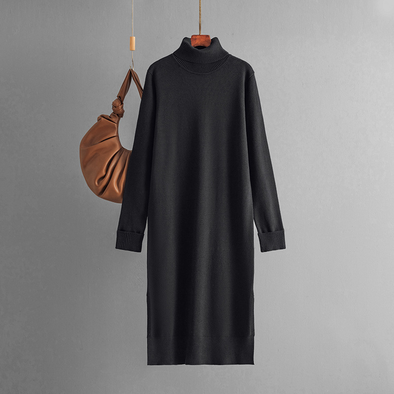 Women Clothing Autumn Winter Casual Solid Color Turtleneck Knitting Sweater Slit Bottoming Dress