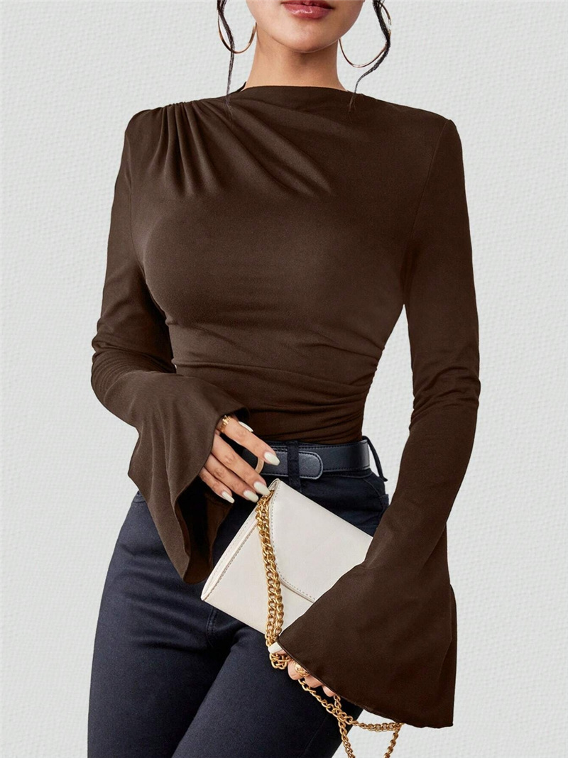 Autumn Winter Pleating Bell Sleeve Stand up Collar Slim Fit T shirt