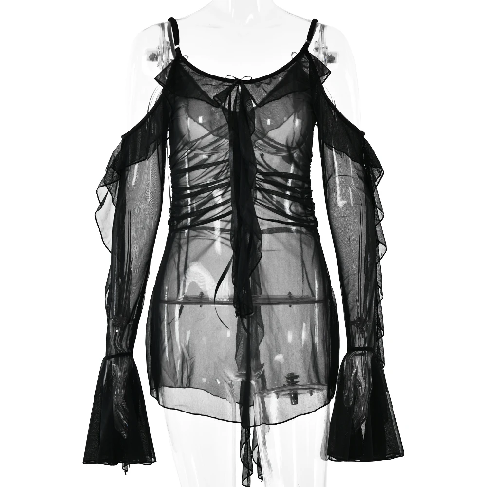 JULISSA MO Sexy See Through Mesh Women Dress Black Long Sleeve Spaghetti Strap Dress Female Summer Skinny Elegant Beachwear 2025