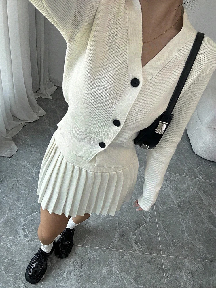 Retro Knitted Long Sleeve Sweater High-Waisted Pleated Skirt Two Piece Set For Women Niche Solid Matching Sets Autumn New