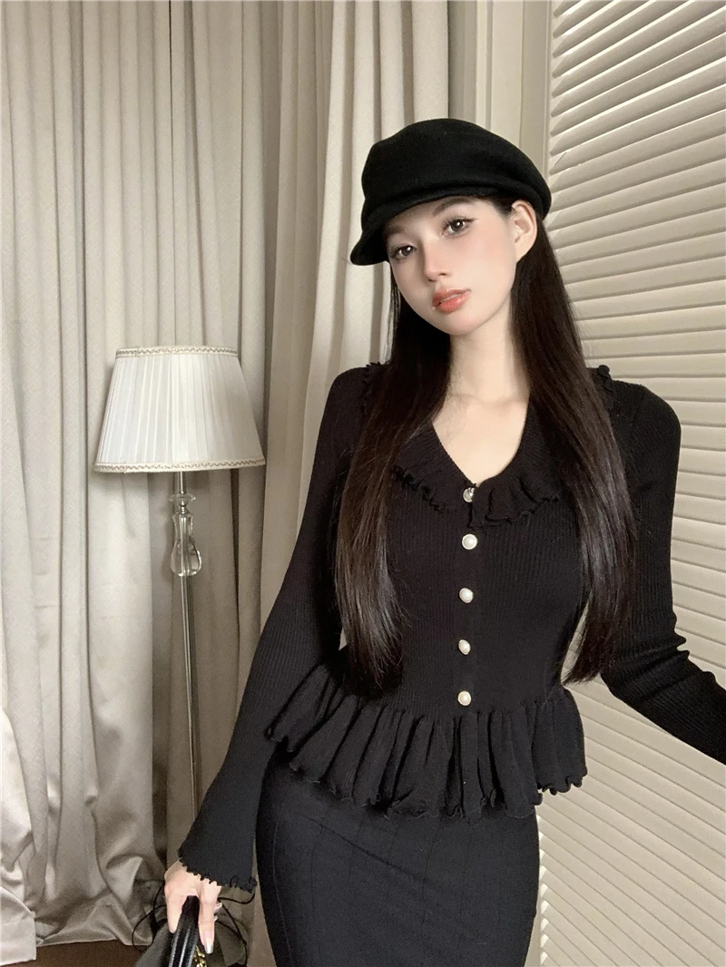 Autumn Winter Knitted 2-Piece Sets Women Ruffles Tops Bodycon Fishtail Skirt Slim Solid Knitwear Outfits Korean Fashion Suit