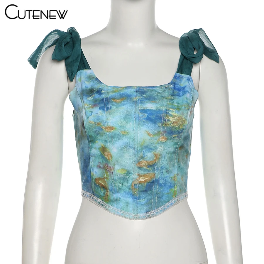 Y2K Vintage Aesthetic Printing Crop Tops Women's Clothes Summer Sexy Bandage Tank Top Skinny Clubwear Camisole Hot Deals