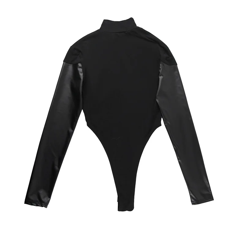 Long Sleeve Bodycon Lenceria Femenina Turtleneck Lingerie Sexy Body Feminino Black Tops Women PU Patchwork One-Pieces Bodysuit