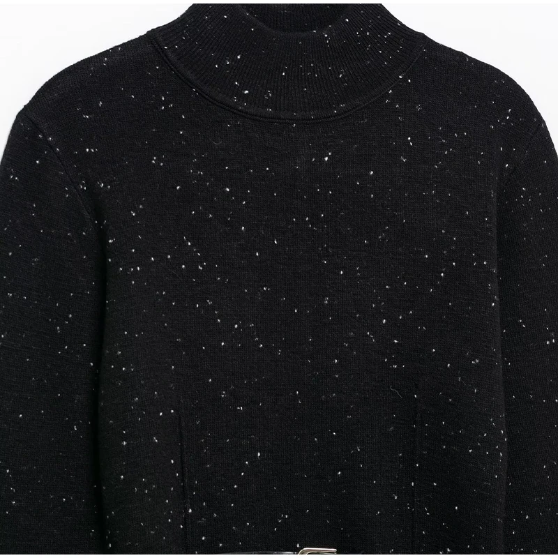 Vintage Black Turtleneck Sweater Pullover For Women With Belt Long Sleeved Loose Knitwear Female Spring Lady Soft Jumper New