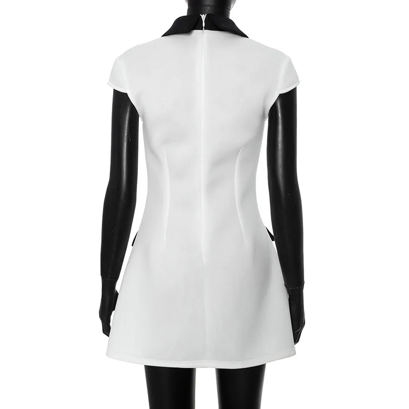 Summer Fashion Contrast Mini Dress For Women High Waist Patchwork Lapel Slim Elegant Dress Ladies Streetwear Mini Dress