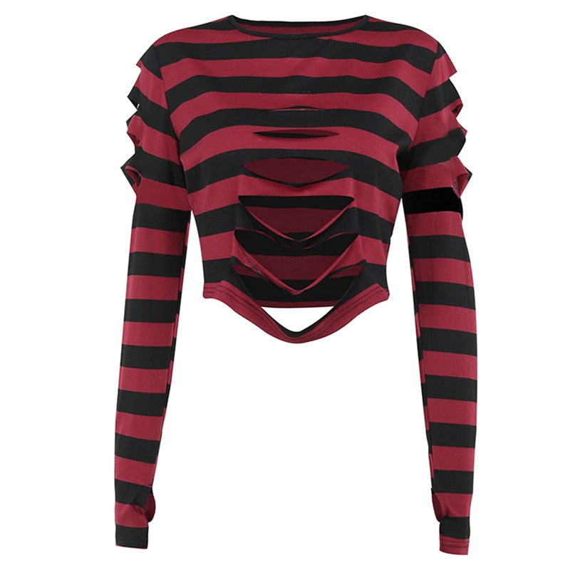 Cyber Punk y2k Top 2000s Women Striped Round Neck Long Sleeve T Shirt with Hole Gothic Clothes E Girl Tees Streetwear