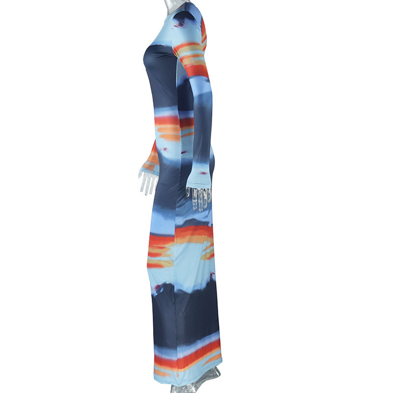 Printing Slim Fit Office Lady Sheath Dress round Neck Long Sleeve Length Dress Color Matching Painted Special Women Clothing