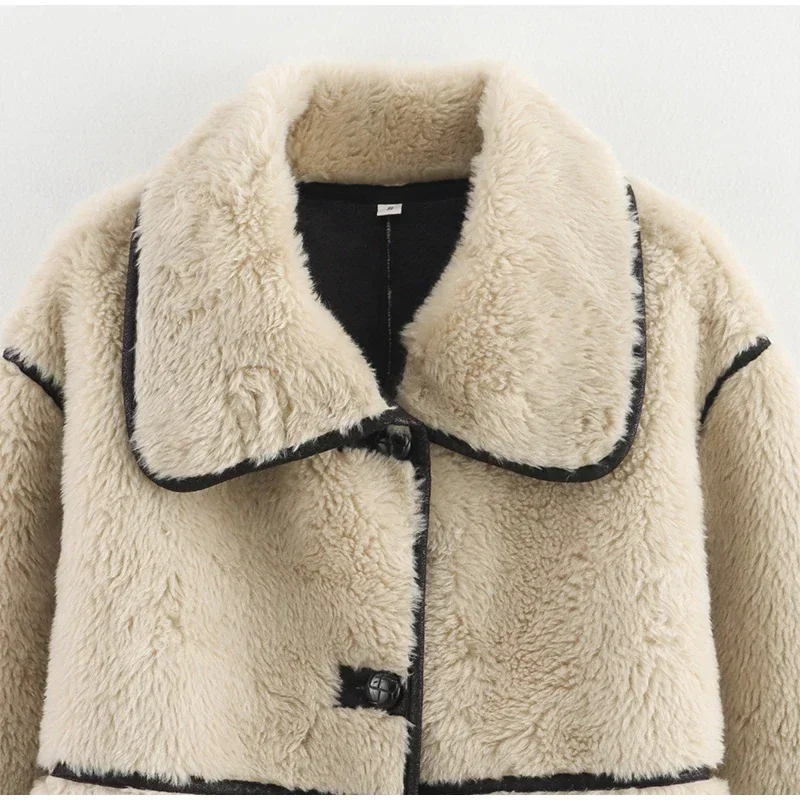 Fashion Beige Faux Fur Long Coat Women Winter Buttons Lapel Long Sleeve Lamb Fleece Jacket 2025 New Lady Loose Street Outerwear