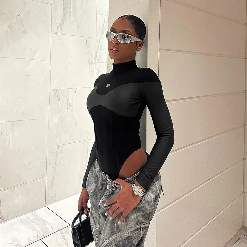 Long Sleeve Bodycon Lenceria Femenina Turtleneck Lingerie Sexy Body Feminino Black Tops Women PU Patchwork One-Pieces Bodysuit