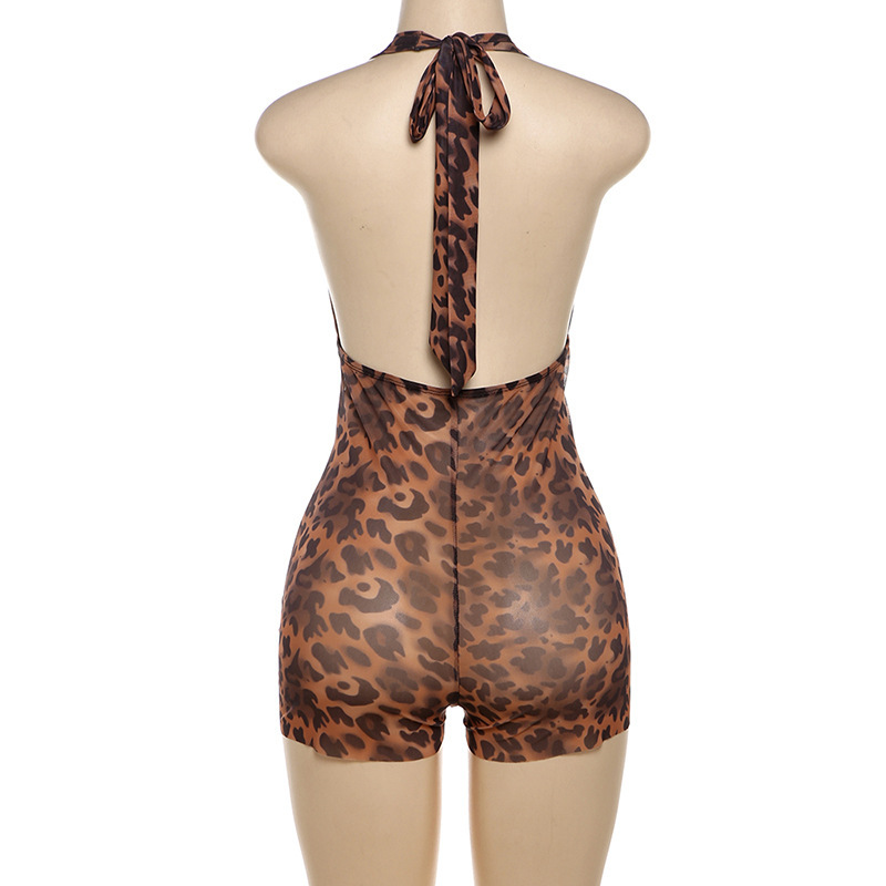Summer Women Sexy Deep V Plunge Backless Halter Hip Lifting Leopard Print Jumpsuit