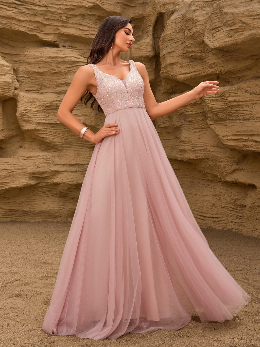 V-neck Embroidery Sequins Elegant Gauze Formal Dress Maxi Dresses