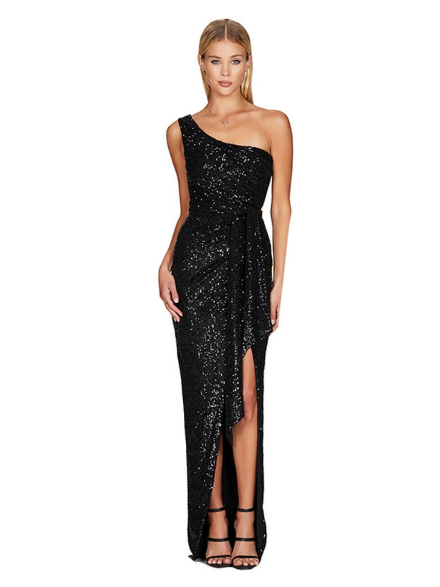 One-shoulder Tie-up Pleated Sweet And Spicy Sequined Dress