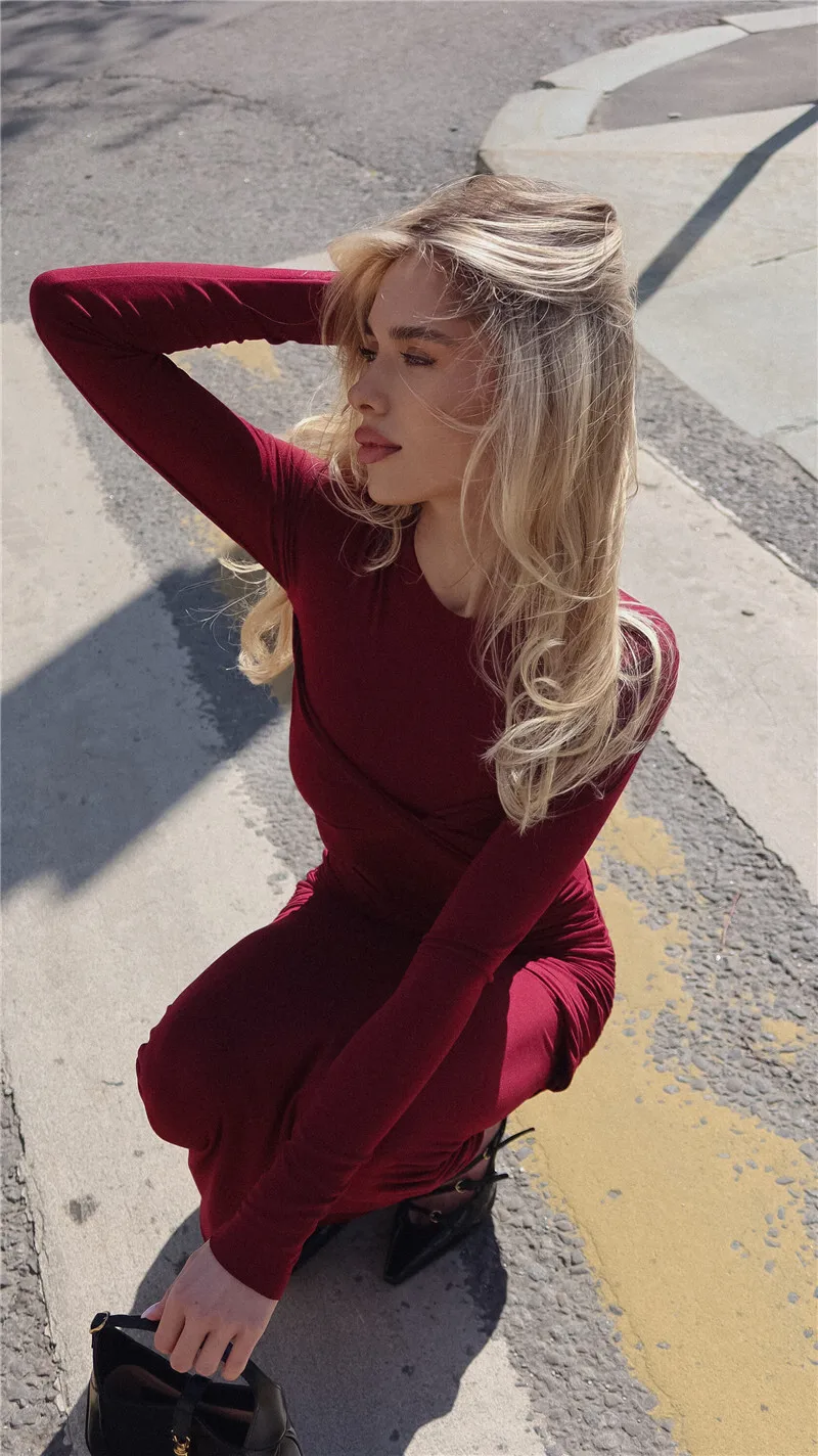 Long Sleeve Knit Dress For Women Fashion O Neck Strapless Bodycon Maxi Dress Ladies Knitted Pullover Sweater Dress