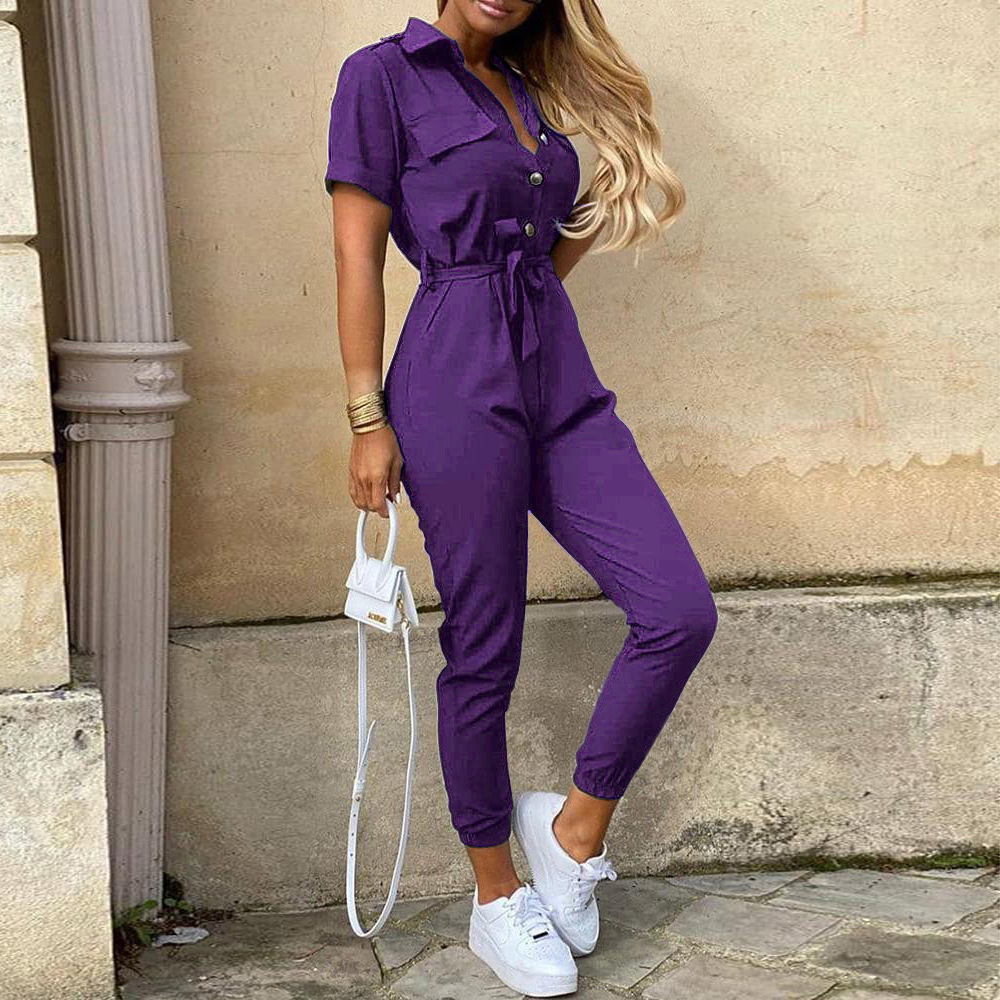 Women Clothing Trousers Casual Collared Button Printed Belt Cargo Overalls Plus size