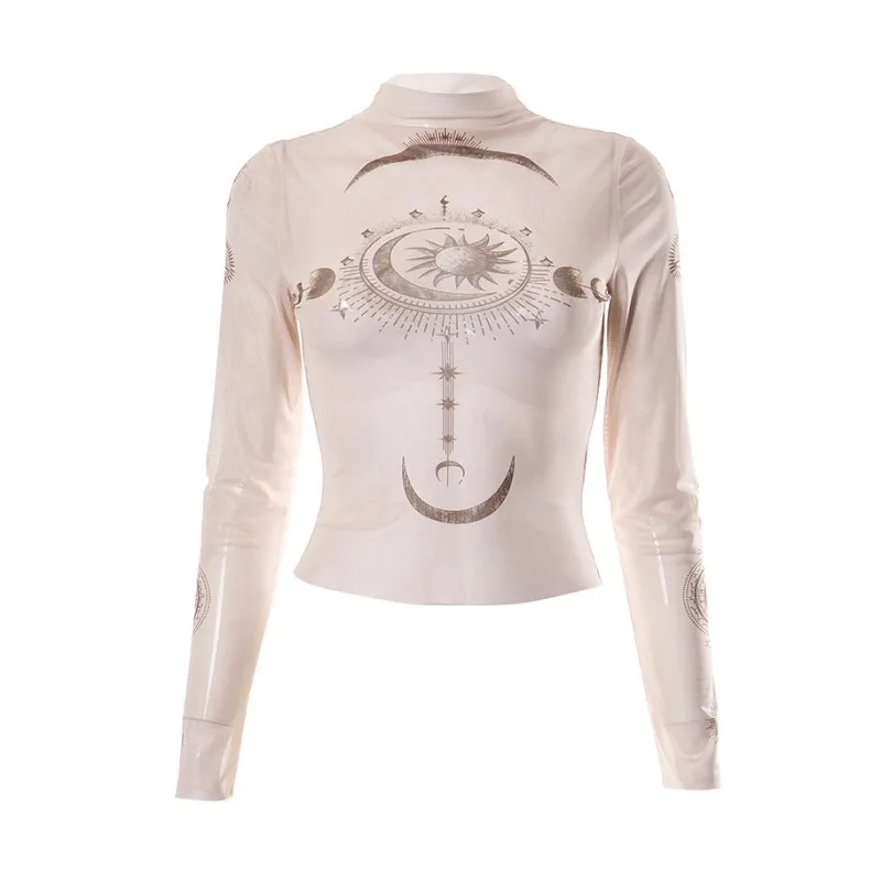 Long Sleeve Mesh Women T Shirt Streetwear Printing Y2k Accessories See Through Vintage Clothes Sexy Fashion Hot Ropa Mujer