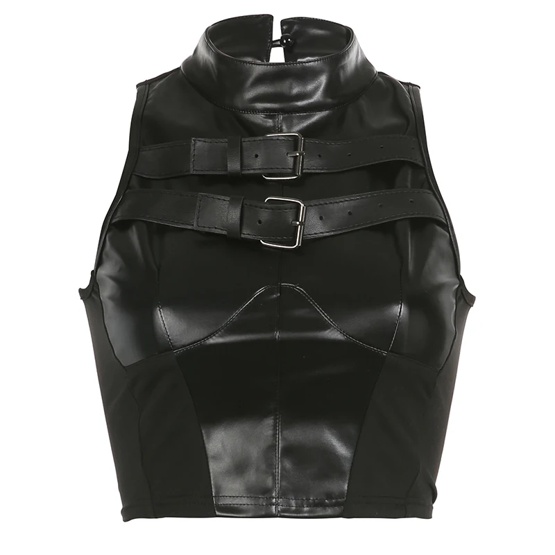 Punk High Street Women Tank Top Leather Buckle Up Sleeveless Zipper Patchwork Crop Vest Tee Hip Hop Club Lady Camis