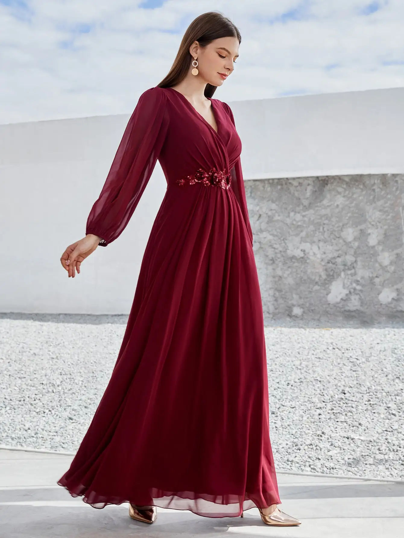 V-neck long sleeve beaded print extra long chiffon Dress Evening gown Ball dress Party dress Bridesmaid dress