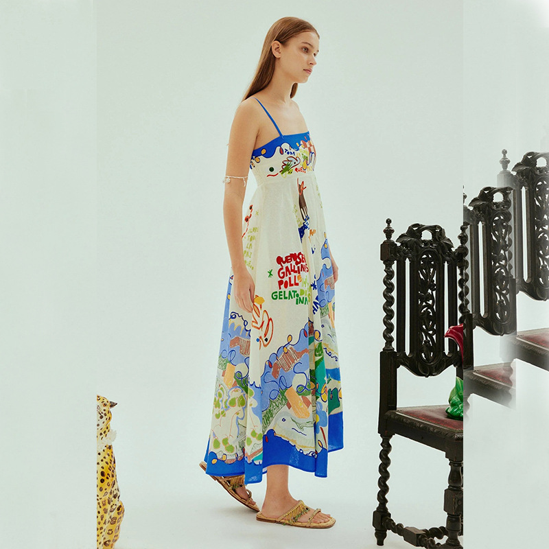 Sexy Sling Graffiti Cotton Linen Printed Large Swing Dress Women