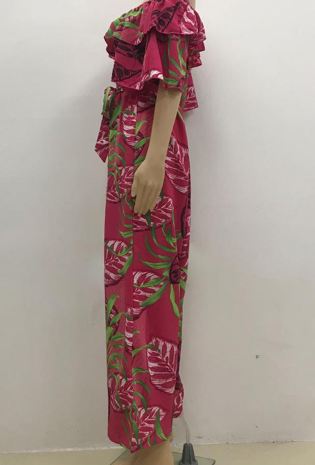 Women Clothing Fashion off-Shoulder Floral Jumpsuit Summer Short Sleeve Chiffon Vacation Beach Jumpsuit