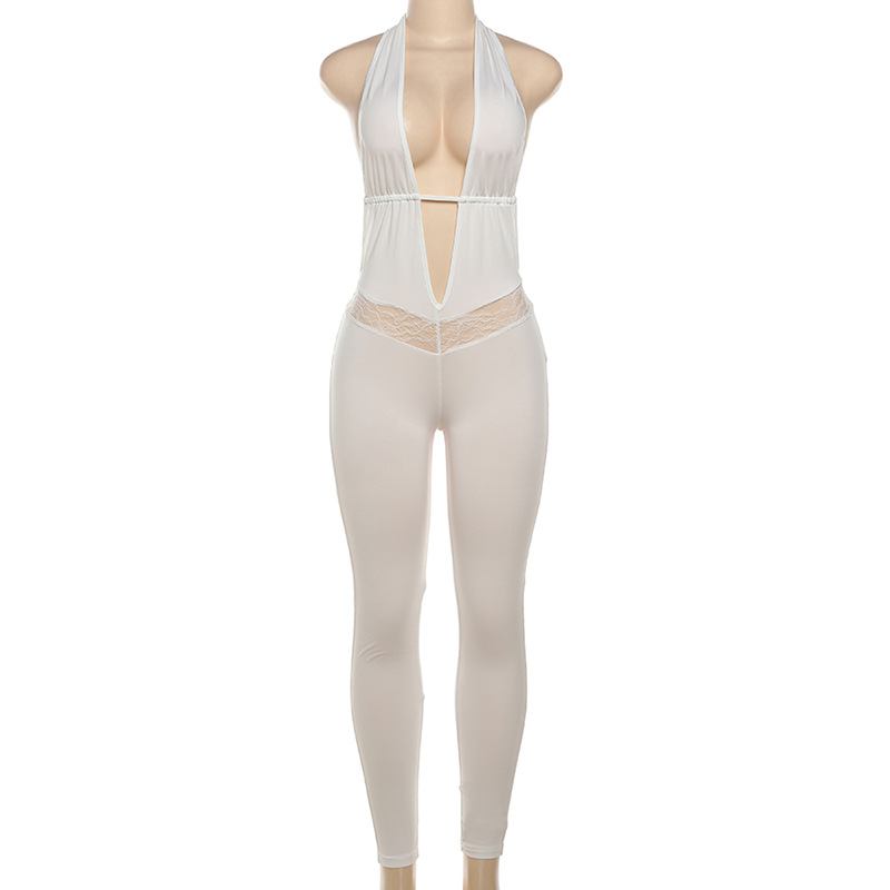 Summer Women Sexy Halter Deep V Plunge neck Backless Lace Hollow Out Cutout Slim Trousers Jumpsuit