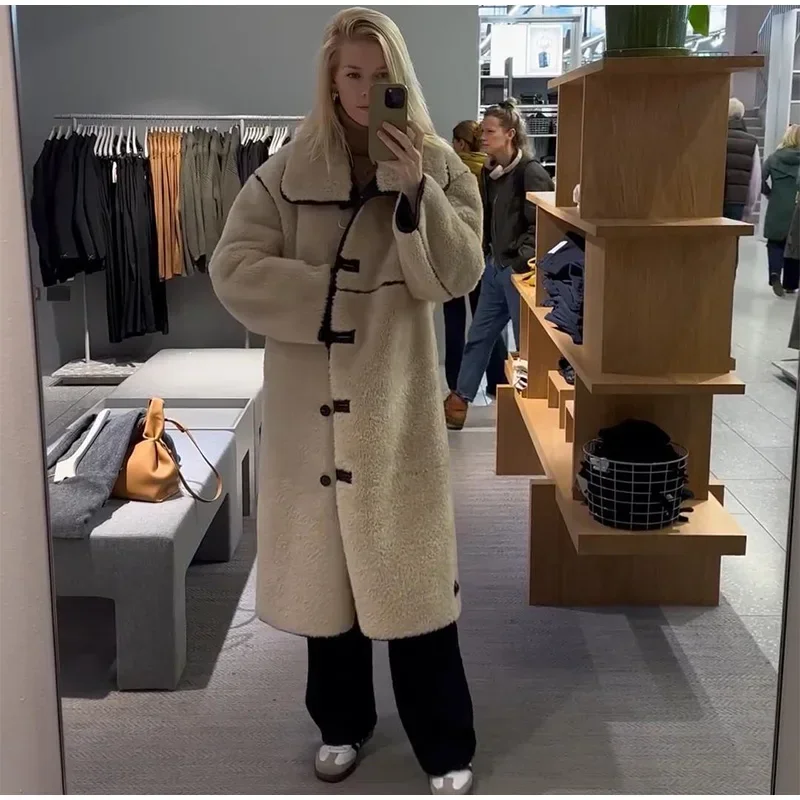 Fashion Beige Faux Fur Long Coat Women Winter Buttons Lapel Long Sleeve Lamb Fleece Jacket 2025 New Lady Loose Street Outerwear