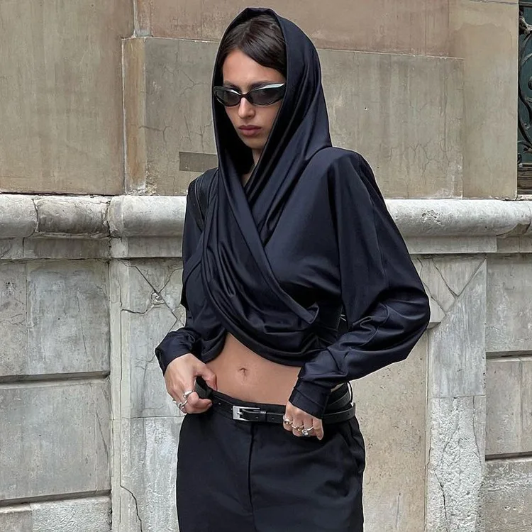 Fashion Satin Hoodie Y2k Top For Women Long Sleeve Bandage Patchwork Solid Sexy Vintage Cropped Top Ladies Crop top Tee