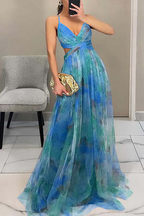 Ladies' summer princess chiffon printed hollow sexy waist and back lace up long dress