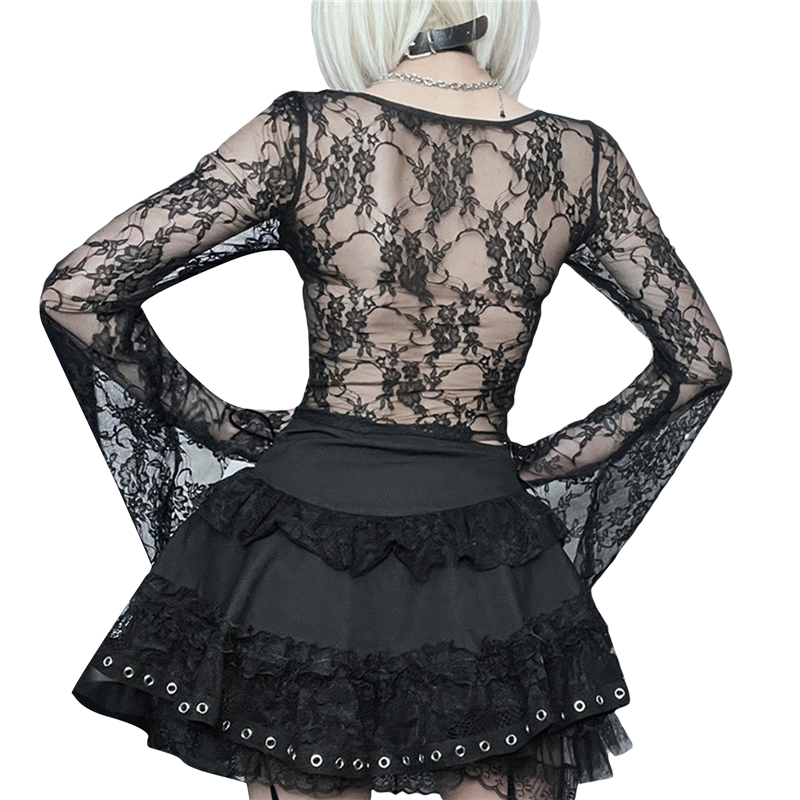 Cyber y2k Tops Women Aesthetic See Through Floral Lace Flared Long Sleeve T Shirt 2000s Goth Grunge Clothing Streetwear