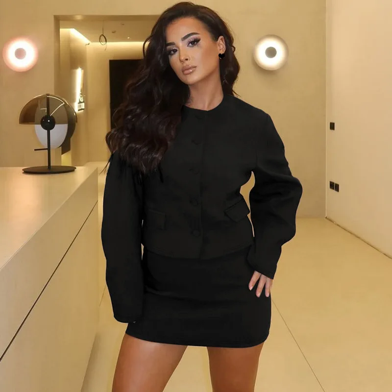 Fashion Cardigan Skirt Two Pieces Set Female Button Long Sleeve Top Slim Solid Mini Skirt Chic Matching Set Autumn Casual