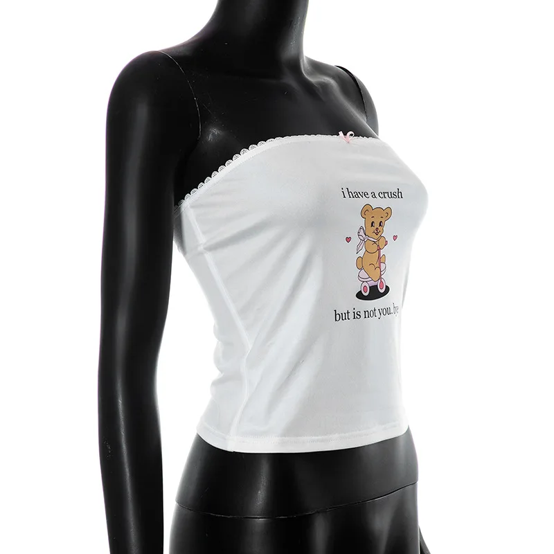 Summer White Sleeveless Corset Top Cute Bear Letter Printed Crop Top Sexy Slim Women Clothing Fashion Bow Lace Hot Ropa De Mujer
