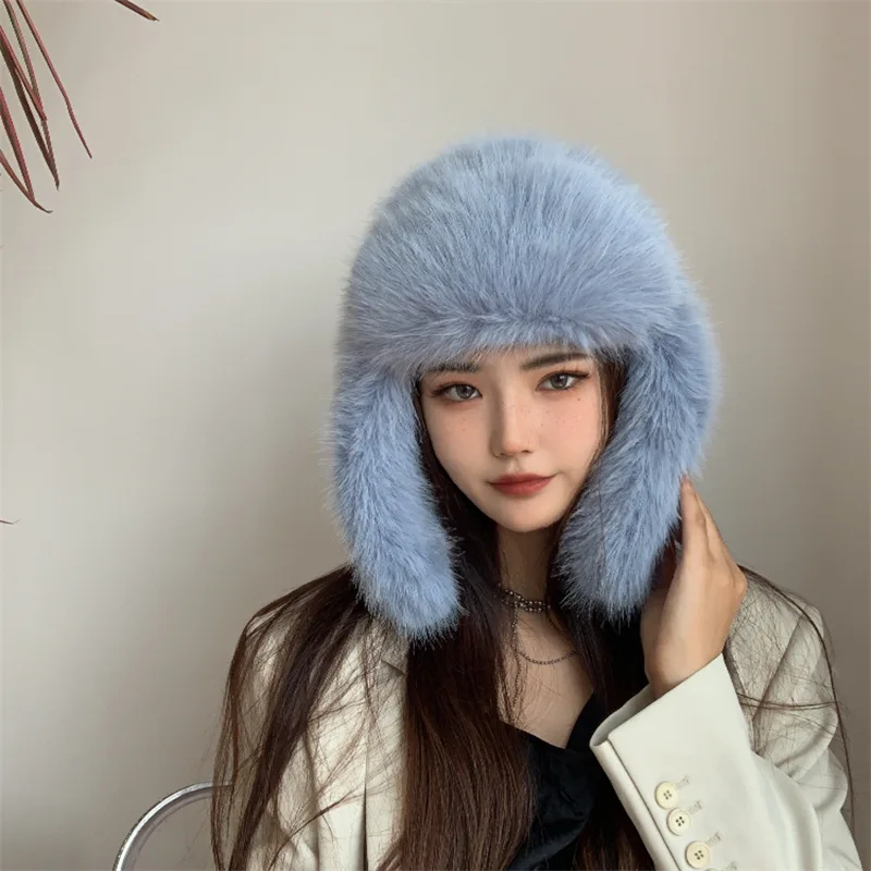 Winter Women Fluffy Furry Faux Fox Fur Bomber Hats Flaps Luxury Vintage Y2k Girls Warm Earflap Snow Ski Hat Caps Russian