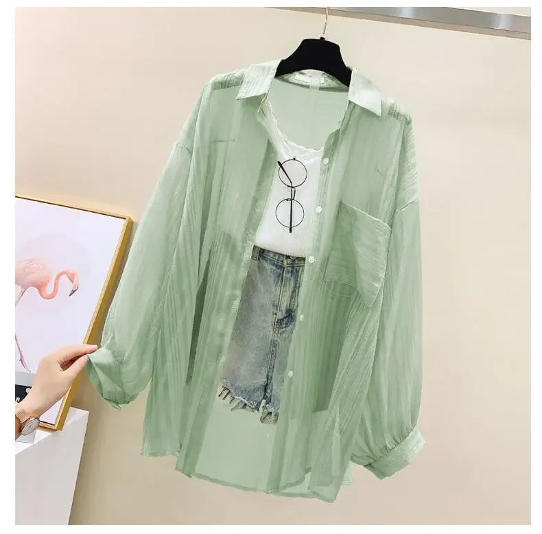 Women Elegant Long Sleeve Perspective Sheer Sunscreen Chiffon Blouse Korean Fashion Loose Shirt Women Summer Beach Cardigans
